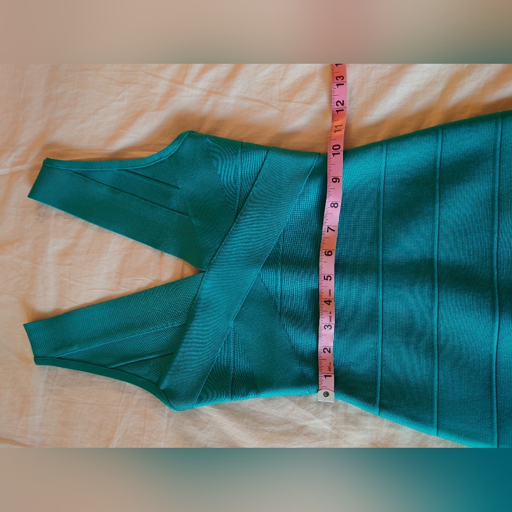 NWOT Bright Teal HERVE LEGER V- Neck Mini Bandage Dress XS $790 - Picture 7 of 14